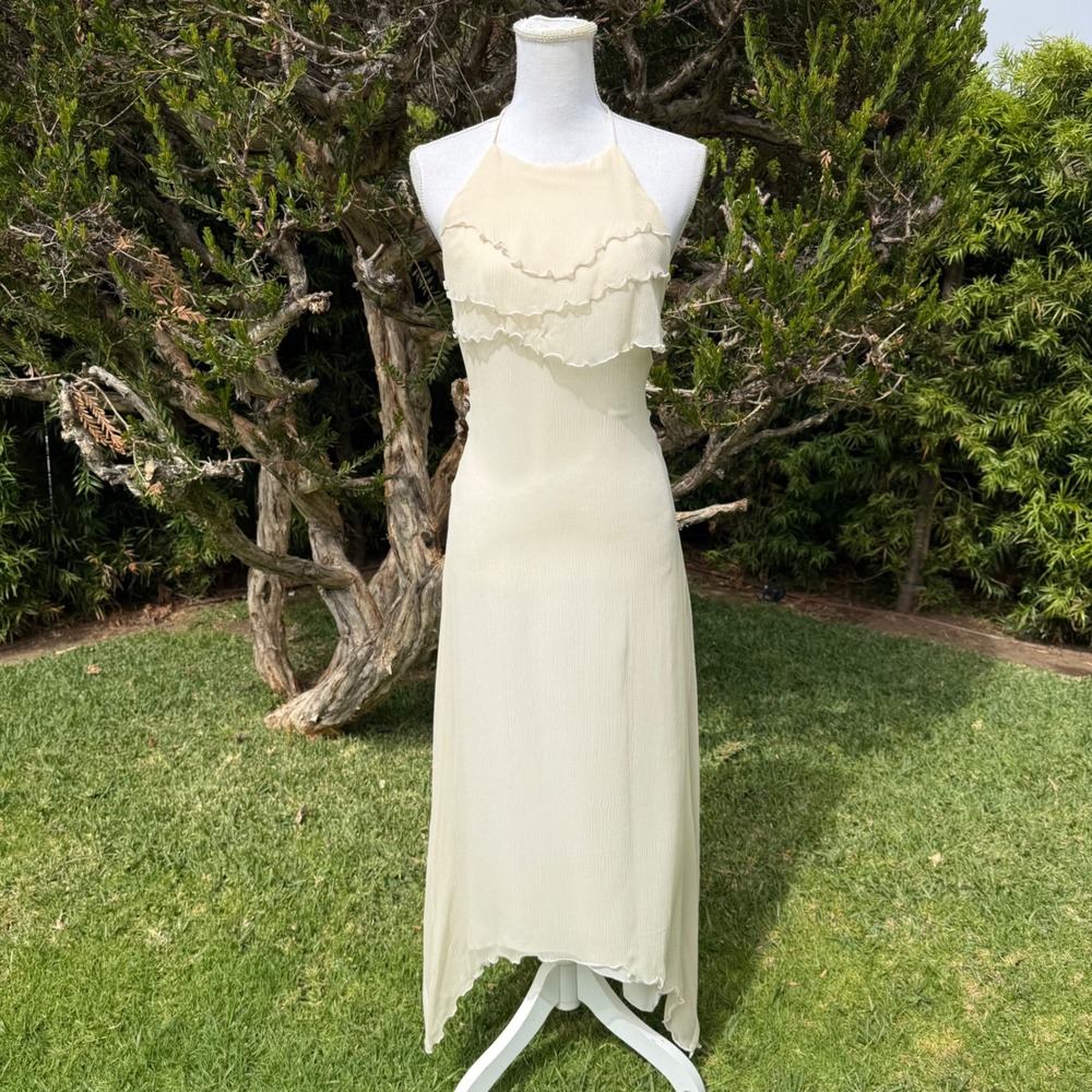 Hartnell Silk Cream Halter Maxi‎ Ruffle Tiered Handkerchief Hem Cream White